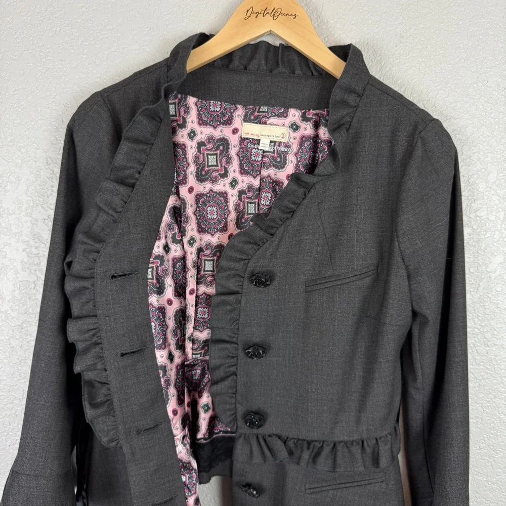 Odd Molly (Anthropologie) Ruffled Blazer M Whimsical Coquette Feminine Lace Gray